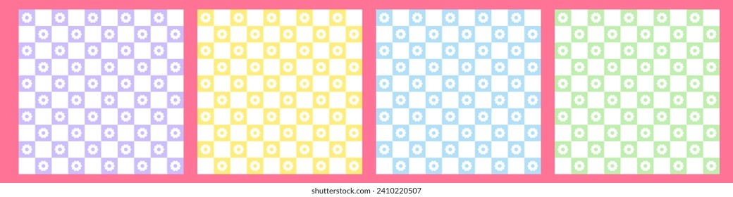 Abstract seamless pattern set. Checkered background retro style with cute daisy or chamomile flowers