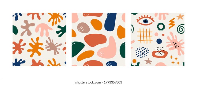 Abstract seamless pattern set. Hand drawn doodle organic shapes contemporary style, trendy scribbles. Modern vector illustration.