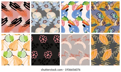 Abstract seamless pattern set with hand drawn scribbles. Bright colored doodles made by marker crayon paint. Rough ink blobs and splashes with floral garden motif. Artistic wallpaper design kit.