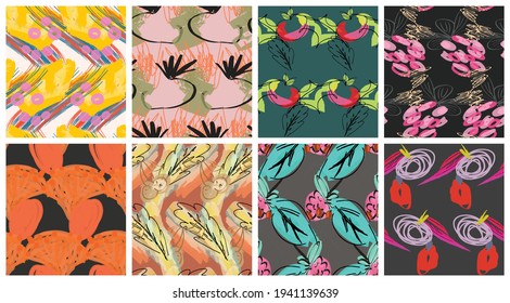 Abstract seamless pattern set with hand drawn scribbles. Bright colored doodles made by marker crayon paint. Rough ink blobs and splashes with floral garden motif. Artistic wallpaper design kit.
