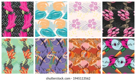 Abstract seamless pattern set with hand drawn scribbles. Bright colored doodles made by marker crayon paint. Rough ink blobs and splashes with floral garden motif. Artistic wallpaper design kit.