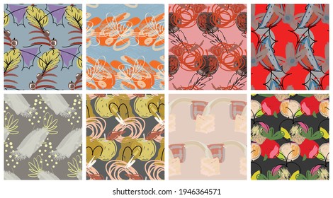 Abstract seamless pattern set with hand drawn scribbles. Bright colored doodles made by marker crayon paint. Rough ink blobs and splashes with floral garden motif. Artistic wallpaper design kit.