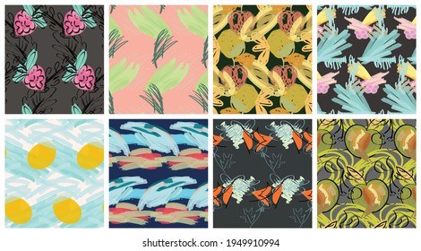 Abstract seamless pattern set with hand drawn scribbles. Bright colored doodles made by marker crayon paint. Rough ink blobs and splashes with floral garden motif. Artistic wallpaper design kit.