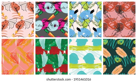 Abstract seamless pattern set with hand drawn scribbles. Bright colored doodles made by marker crayon paint. Rough ink blobs and splashes with floral garden motif. Artistic wallpaper design kit.