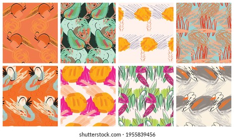 Abstract seamless pattern set with hand drawn scribbles. Bright colored doodles made by marker crayon paint. Rough ink blobs and splashes with floral garden motif. Artistic wallpaper design kit.