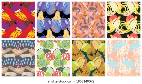 Abstract seamless pattern set with hand drawn scribbles. Bright colored doodles made by marker crayon paint. Rough ink blobs and splashes with floral garden motif. Artistic wallpaper design kit.