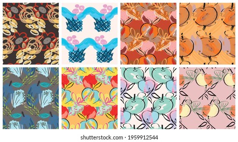 Abstract seamless pattern set with hand drawn scribbles. Bright colored doodles made by marker crayon paint. Rough ink blobs and splashes with floral garden motif. Artistic wallpaper design kit.