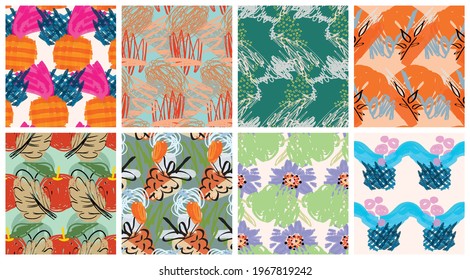 Abstract seamless pattern set with hand drawn scribbles. Bright colored doodles made by marker crayon paint. Rough ink blobs and splashes with floral garden motif. Artistic wallpaper design kit.