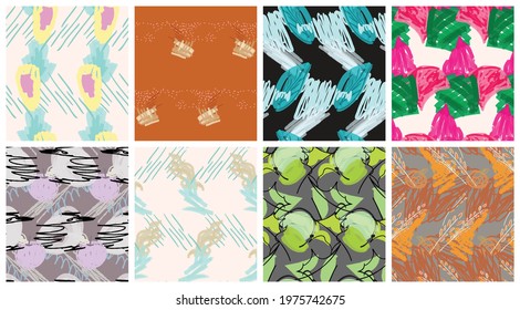 Abstract seamless pattern set with hand drawn scribbles. Bright colored doodles made by marker crayon paint. Rough ink blobs and splashes with floral garden motif. Artistic wallpaper design kit.
