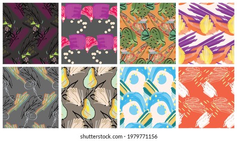 Abstract seamless pattern set with hand drawn scribbles. Bright colored doodles made by marker crayon paint. Rough ink blobs and splashes with floral garden motif. Artistic wallpaper design kit.