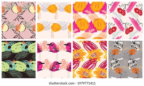 Abstract seamless pattern set with hand drawn scribbles. Bright colored doodles made by marker crayon paint. Rough ink blobs and splashes with floral garden motif. Artistic wallpaper design kit.
