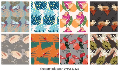 Resumen de un patrón impecable con garabatos dibujados a mano. Doodles de colores vivos hechos con pintura de crayón. Tintas rojas y salpicaduras con motivos florales en el jardín. Kit de diseño artístico de papel pintado.
