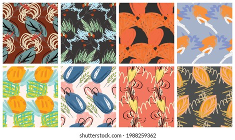 Abstract seamless pattern set with hand drawn scribbles. Bright colored doodles made by marker crayon paint. Rough ink blobs and splashes with floral garden motif. Artistic wallpaper design kit.