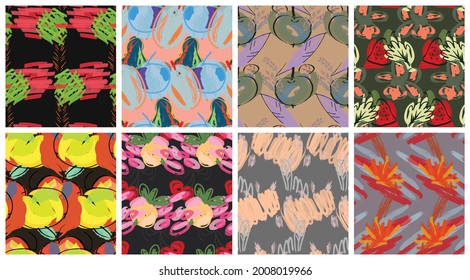 Abstract seamless pattern set with hand drawn scribbles. Bright colored doodles made by marker crayon paint. Rough ink blobs and splashes with floral garden motif. Artistic wallpaper design kit.