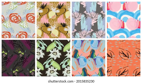 Abstract seamless pattern set with hand drawn scribbles. Bright colored doodles made by marker crayon paint. Rough ink blobs and splashes with floral garden motif. Artistic wallpaper design kit.