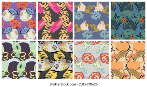 Abstract seamless pattern set with hand drawn scribbles. Bright colored doodles made by marker crayon paint. Rough ink blobs and splashes with floral garden motif. Artistic wallpaper design kit.