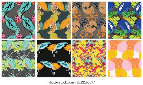 Abstract seamless pattern set with hand drawn scribbles. Bright colored doodles made by marker crayon paint. Rough ink blobs and splashes with floral garden motif. Artistic wallpaper design kit.