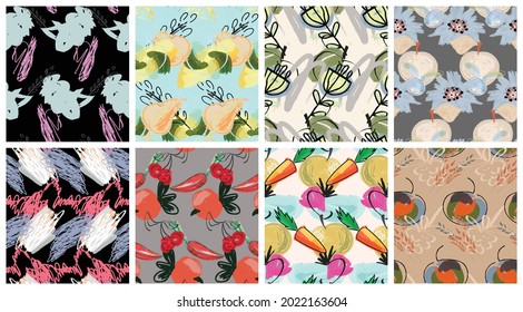 Abstract seamless pattern set with hand drawn scribbles. Bright colored doodles made by marker crayon paint. Rough ink blobs and splashes with floral garden motif. Artistic wallpaper design kit.