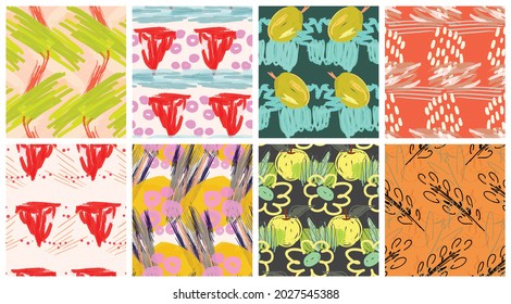 Abstract seamless pattern set with hand drawn scribbles. Bright colored doodles made by marker crayon paint. Rough ink blobs and splashes with floral garden motif. Artistic wallpaper design kit.