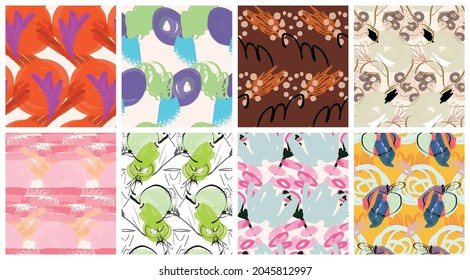 Abstract seamless pattern set with hand drawn scribbles. Bright colored doodles made by marker crayon paint. Rough ink blobs and splashes with floral garden motif. Artistic wallpaper design kit.