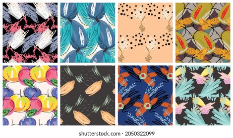 Abstract seamless pattern set with hand drawn scribbles. Bright colored doodles made by marker crayon paint. Rough ink blobs and splashes with floral garden motif. Artistic wallpaper design kit.