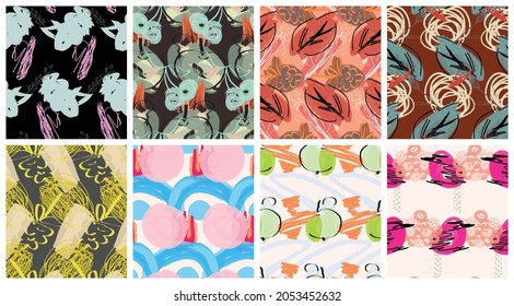 Abstract seamless pattern set with hand drawn scribbles. Bright colored doodles made by marker crayon paint. Rough ink blobs and splashes with floral garden motif. Artistic wallpaper design kit.