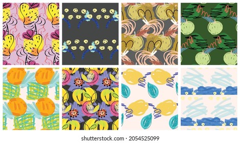 Resumen de un patrón impecable con garabatos dibujados a mano. Doodles de colores vivos hechos con pintura de crayón. Tintas rojas y salpicaduras con motivos florales en el jardín. Kit de diseño artístico de papel pintado.