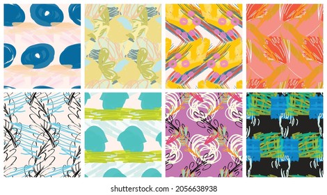 Resumen de un patrón impecable con garabatos dibujados a mano. Doodles de colores vivos hechos con pintura de crayón. Tintas rojas y salpicaduras con motivos florales en el jardín. Kit de diseño artístico de papel pintado.