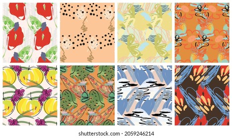 Abstract seamless pattern set with hand drawn scribbles. Bright colored doodles made by marker crayon paint. Rough ink blobs and splashes with floral garden motif. Artistic wallpaper design kit.