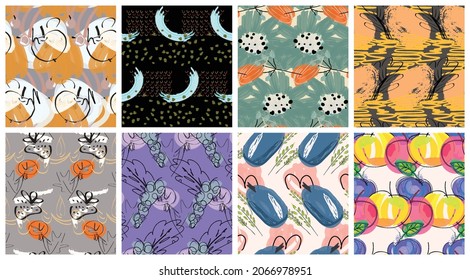 Abstract seamless pattern set with hand drawn scribbles. Bright colored doodles made by marker crayon paint. Rough ink blobs and splashes with floral garden motif. Artistic wallpaper design kit.