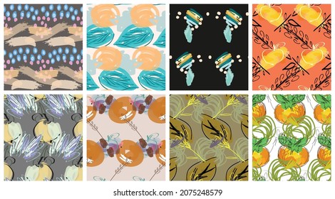 Abstract seamless pattern set with hand drawn scribbles. Bright colored doodles made by marker crayon paint. Rough ink blobs and splashes with floral garden motif. Artistic wallpaper design kit.