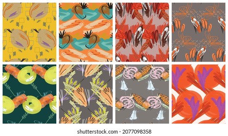 Abstract seamless pattern set with hand drawn scribbles. Bright colored doodles made by marker crayon paint. Rough ink blobs and splashes with floral garden motif. Artistic wallpaper design kit.