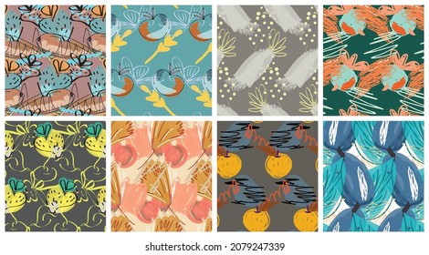 Resumen de un patrón impecable con garabatos dibujados a mano. Doodles de colores vivos hechos con pintura de crayón. Tintas rojas y salpicaduras con motivos florales en el jardín. Kit de diseño artístico de papel pintado.