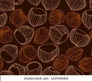 abstract seamless pattern of a set of hazelnuts & kernels, for menu design or confectionery, textiles, vector illustration with colored contour lines on a brown background in doodle & hand drawn style