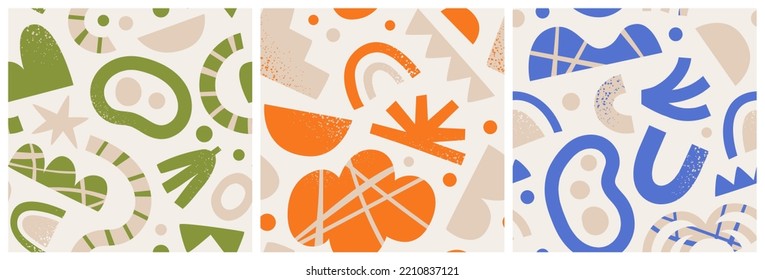 Abstract seamless pattern set with natural organic shapes, random freehand doodle wallpaper collection. Trendy art background includes modern minimalist art and geometric doodles. 