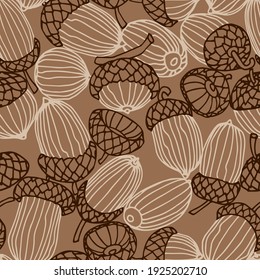 abstract seamless pattern of a set of oak acorns, for backdrops designs, textiles, fabrics, vector illustration with colored contour lines on a brown background in doodle and hand drawn style