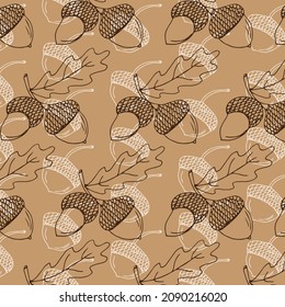 abstract seamless pattern of a set of oak acorns, for backdrops designs, textiles, fabrics, vector illustration with colored contour lines on a brown background in doodle and hand drawn style