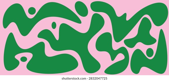 Abstract seamless pattern set in retro wavy shapes. Organic blob, fluid, liquid forms. Groovy 70s vibe. Multiple color combinations. Vector art background bundle