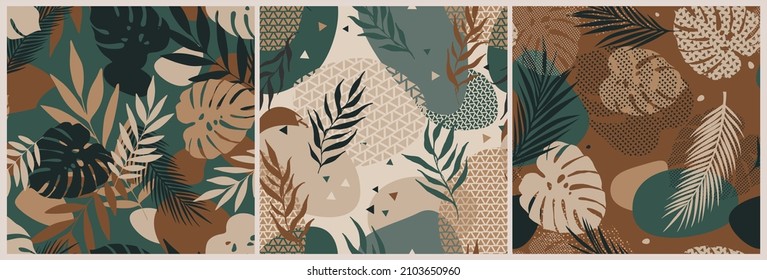Abstract seamless pattern set with tropical leaves on retro background. Vector background, illustration for fabric, printing. Different geometric shapes. Abstraction, exotic Botanical Wallpaper.