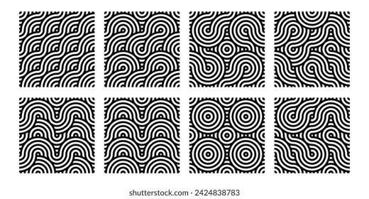 Abstract seamless pattern set, vector wave illustration, oriental background collection