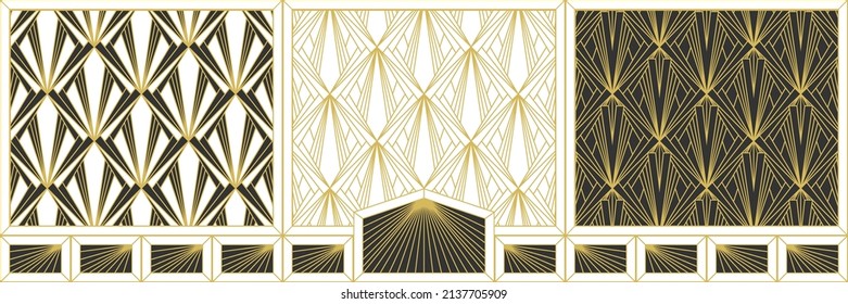 Abstract seamless pattern set in vintage Art Deco style. Pattern for the design of original tableware, textiles, wallpaper, greeting cards and stylish clothes. Gold white vector illustration.