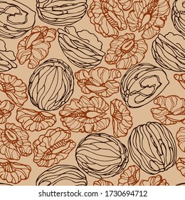 abstract seamless pattern of a set of walnuts & kernels, for menu design or confectionery, textiles, vector illustration with colored contour lines on a creamy background in doodle & hand drawn style