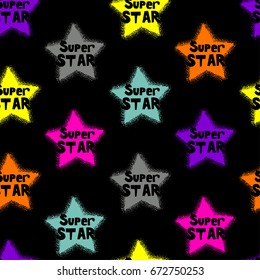 Abstract seamless pattern with shabby stars. Childish repeated backdrop for textile, clothes, wrapping paper. Colorful wallpaper on black background with bright shape elements. Night sky.