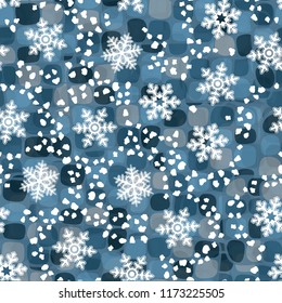 Abstract seamless pattern with shades of ice. In the foreground, large snowflakes and small white spots are chaotically scattered.