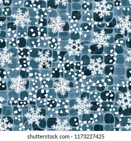 Abstract seamless pattern with shades of ice. In the foreground, large snowflakes and small white spots are chaotically scattered.