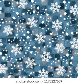 Abstract seamless pattern with shades of ice. In the foreground, large snowflakes and small six-pointed stars are chaotically scattered.