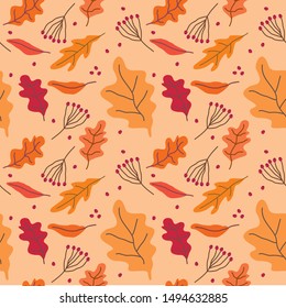 Abstract seamless pattern with shades of red, orange and yellow nature shapes exotic leaves. Autumn colors of nature. Modern vector illustration in flat style for wrapping paper, wallpaper, textile