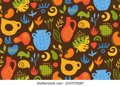 Abstract seamless pattern with shape, ceramic pot objects. Modern cozy decor trendy art wrapper. Hand drawn boho boundless texture vase jug or jar bottles repeat print scrapbook vector packaging