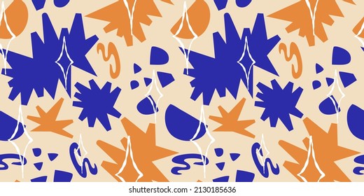 Abstract seamless pattern shape henry matisse with star and free form. Vector flat illustration design. Blue, orange on light background various figures. Contemporary seamless pattern