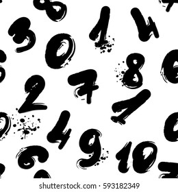 Abstract seamless pattern with shape numbers, spray paint, inks. black and white background. repeated backdrop